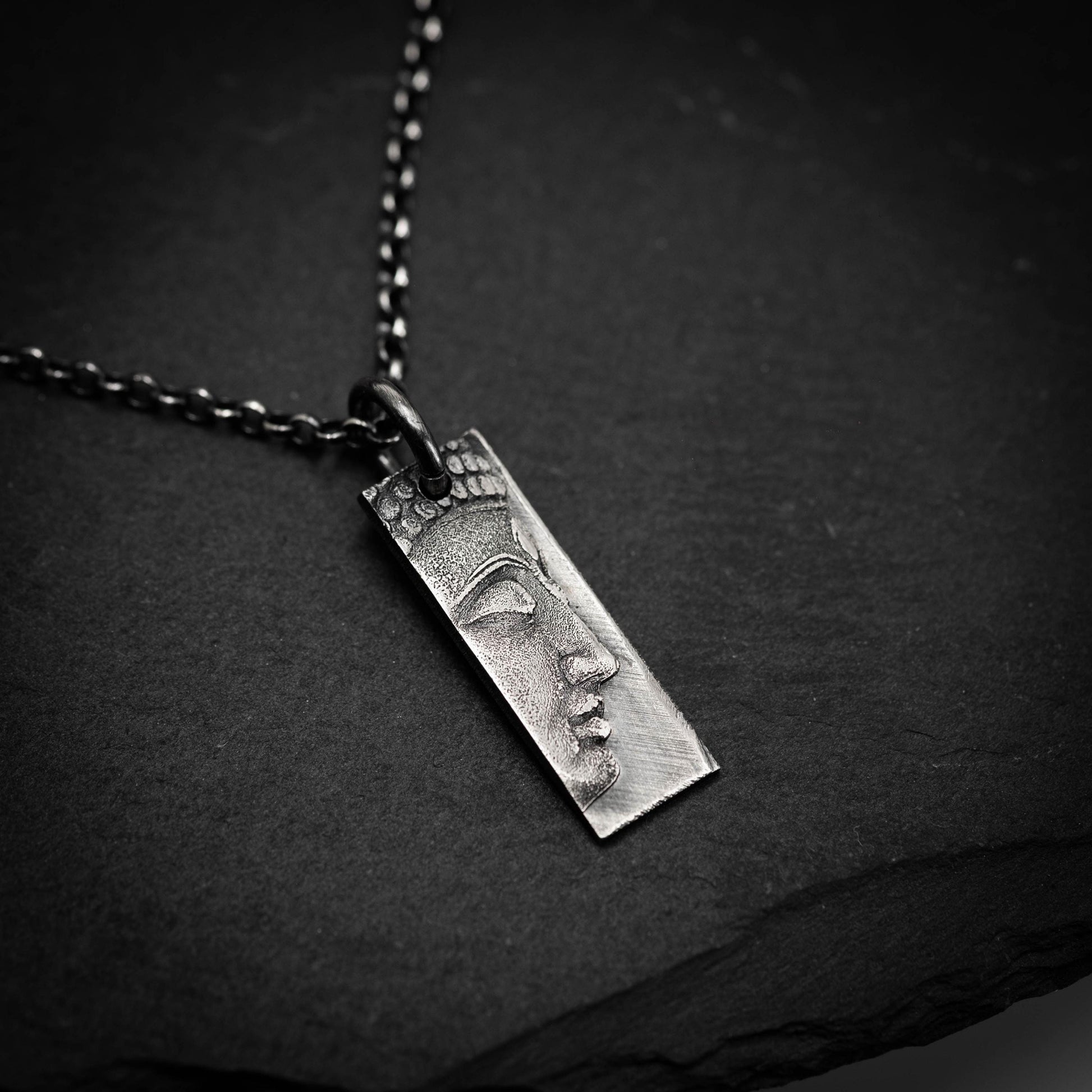 Sterling Silver Buddha Meditation Bar Necklace – Minimalist Rectangular Pendant, Oxidized Spiritual Jewelry