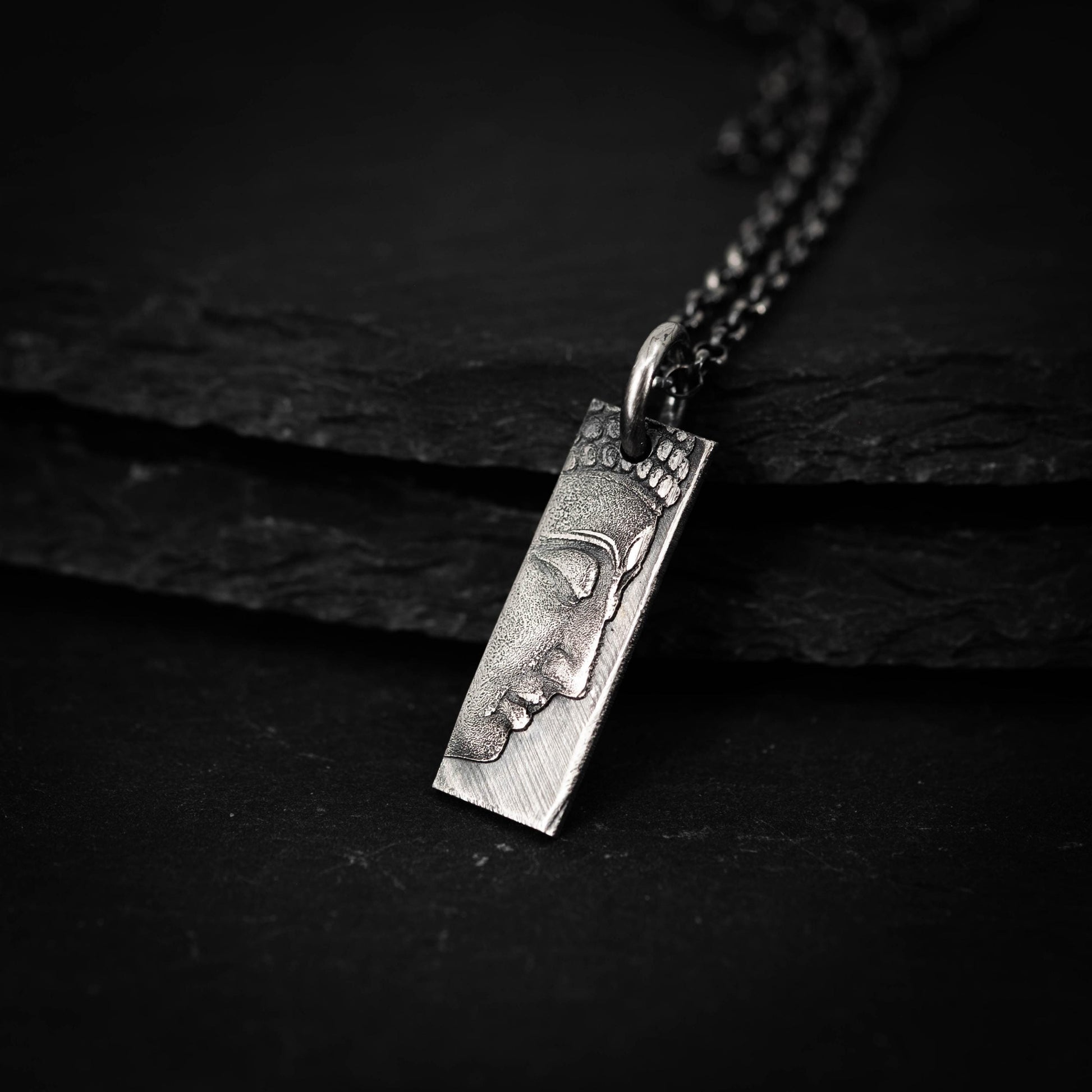 Sterling Silver Buddha Meditation Bar Necklace – Minimalist Rectangular Pendant, Oxidized Spiritual Jewelry