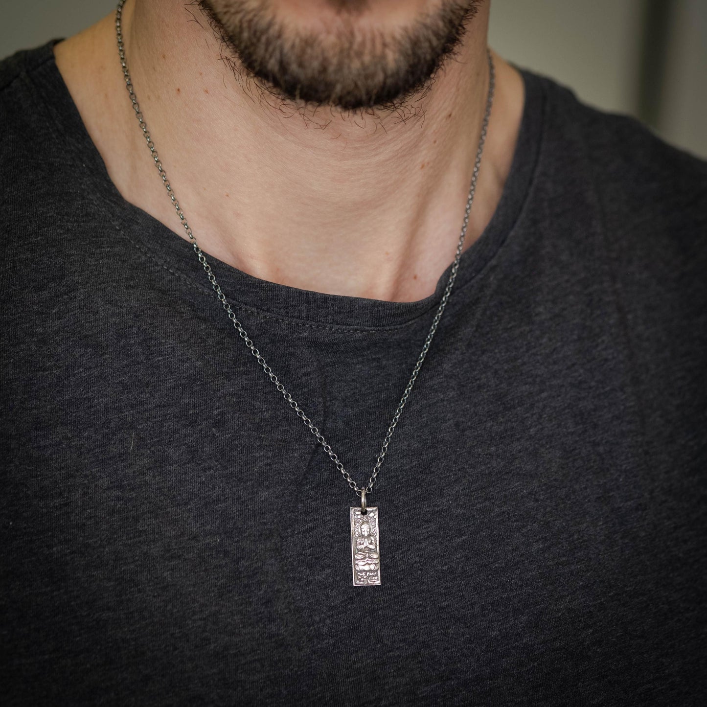Silver Rustic Buddha Meditation Necklace, Buddhist Yoga Handmade Spiritual Jewelry, Mindfulness Gift for Him, Anxiety Relief