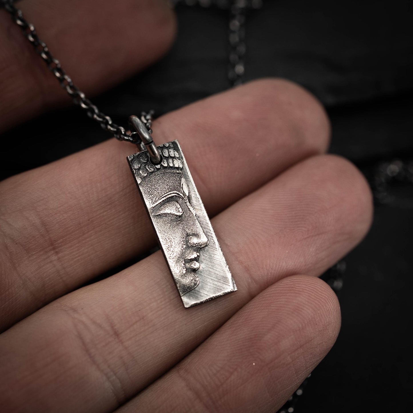 Sterling Silver Buddha Meditation Bar Necklace – Minimalist Rectangular Pendant, Oxidized Spiritual Jewelry