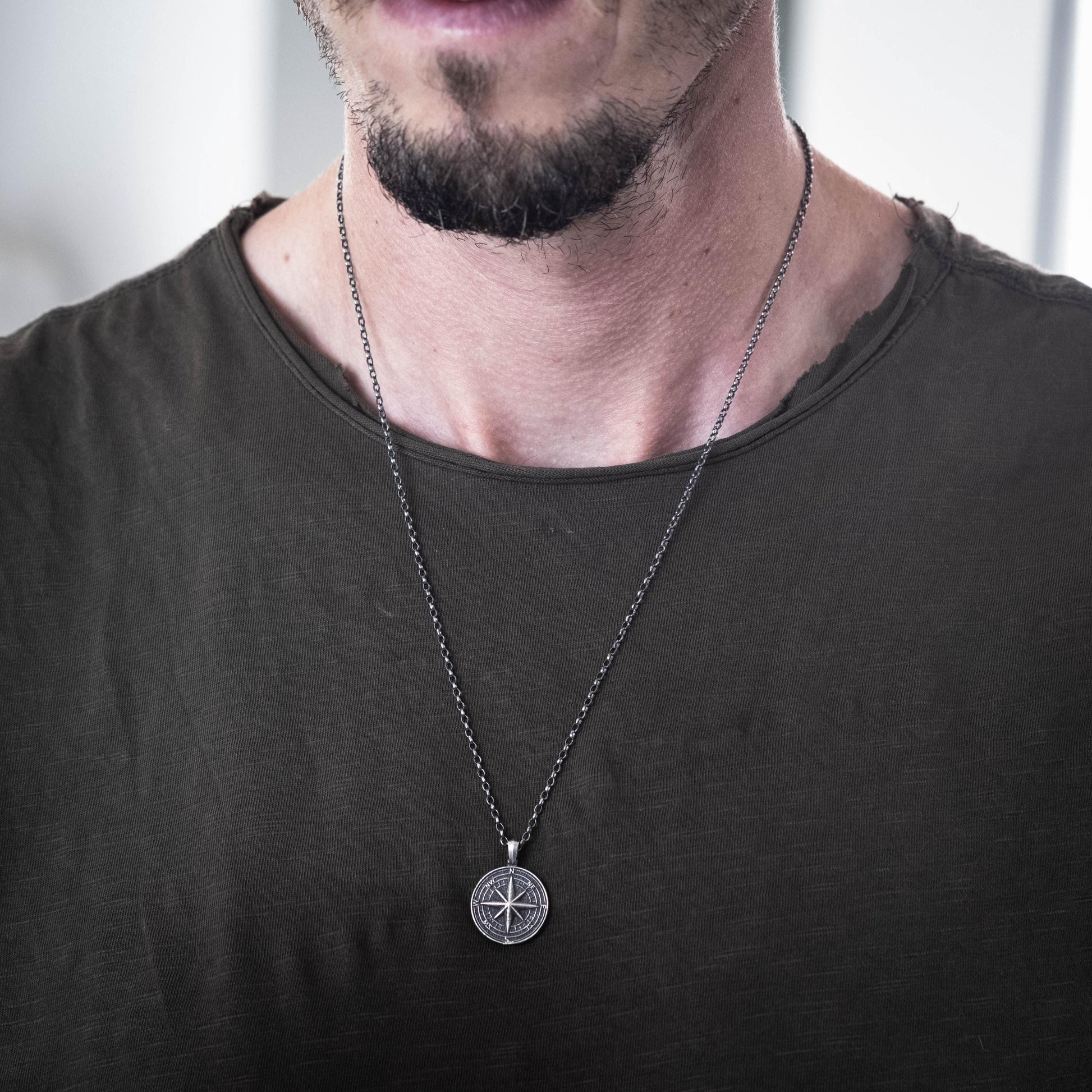 Mens Personalized Silver Compass pendant necklace, Travel wanderlust necklace gift, Adventure mens gift, custom necklace, Christmas gifts