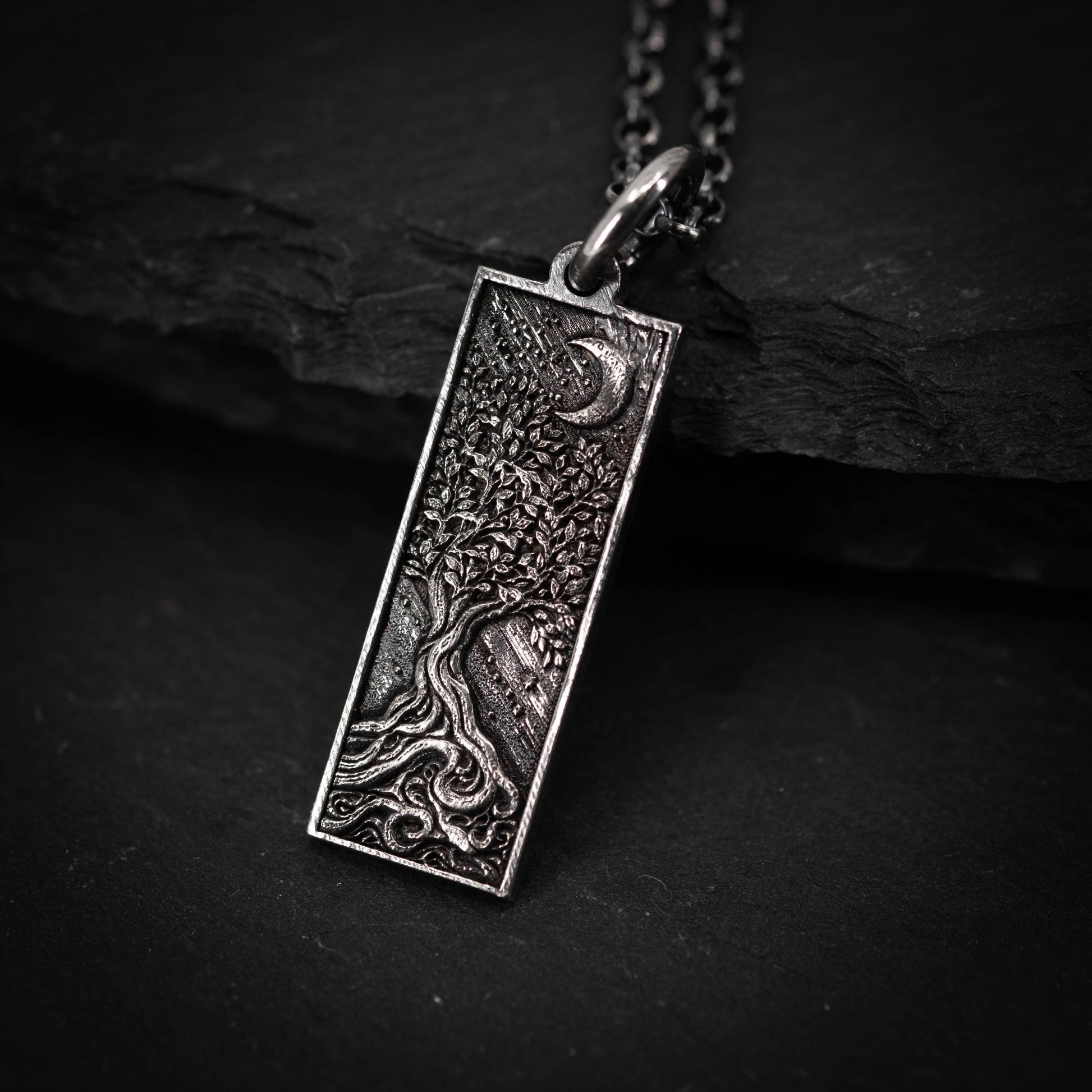 Tree of Life and Crescent Moon Silver Pendant – Handmade Sterling Silver Nature Necklace, Celestial Jewelry Gift, Personalized