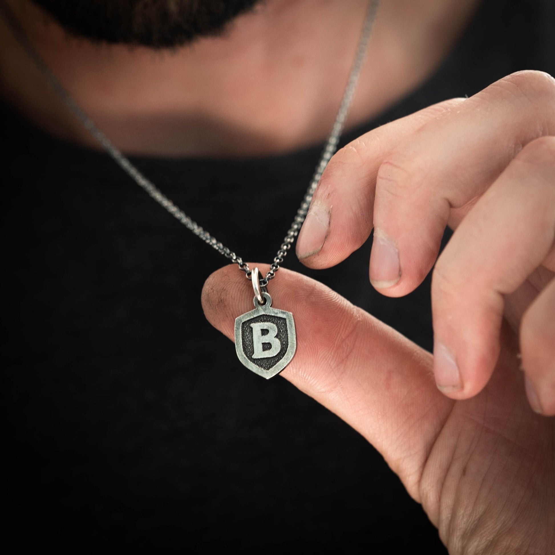 Personalized Silver Initial Necklace – Rustic Shield Pendant for Men – Handmade SilverJewelry