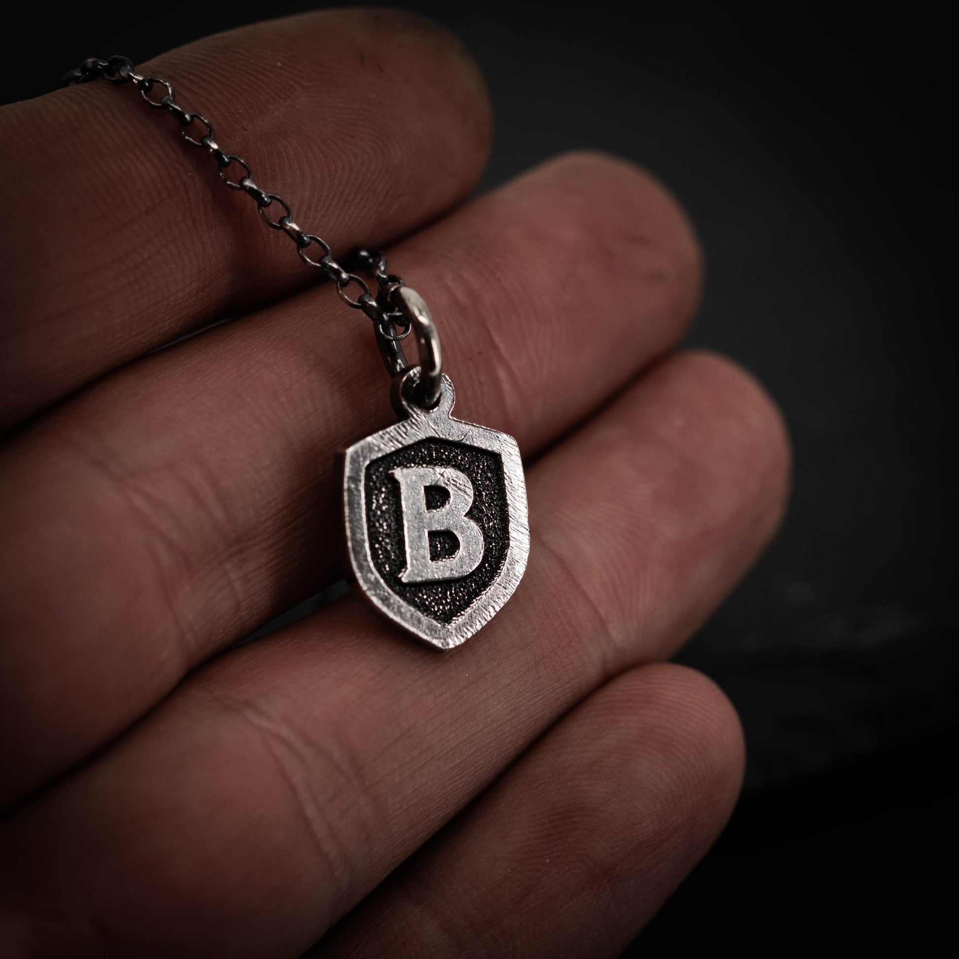 Personalized Silver Initial Necklace – Rustic Shield Pendant for Men – Handmade SilverJewelry