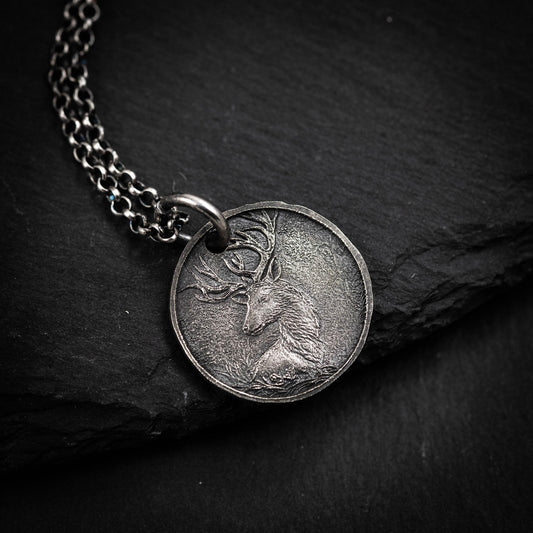 Silver Deer Personalized Men's Rustic Necklace, Nature Lovers Handmade Engraved Jewelry