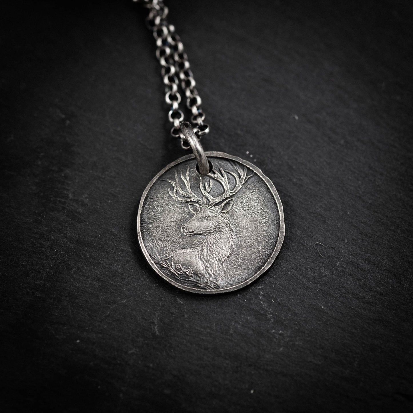 Silver Deer Personalized Men's Rustic Necklace, Nature Lovers Handmade Engraved Jewelry