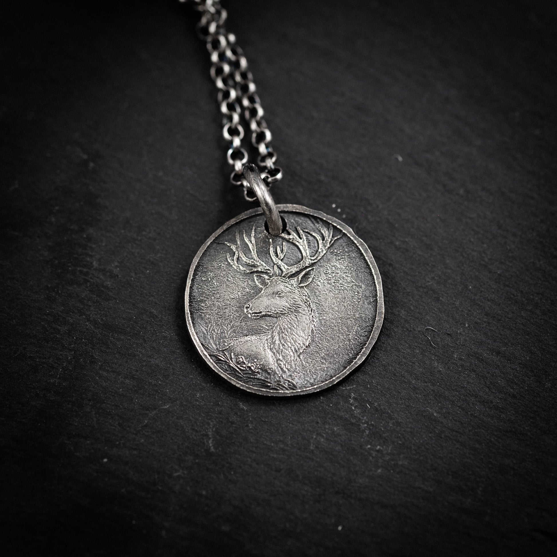 Silver Deer Personalized Men's Rustic Necklace, Nature Lovers Handmade Engraved Jewelry
