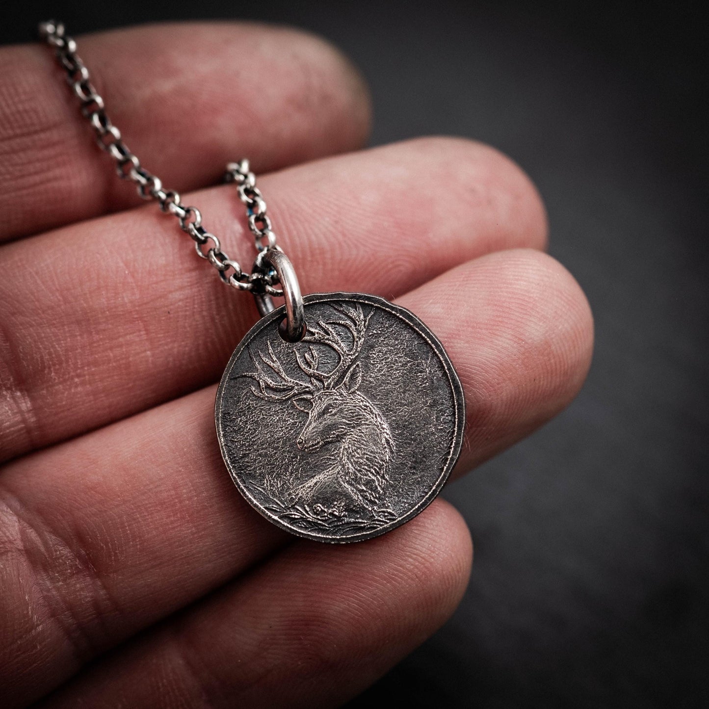 Silver Deer Personalized Men's Rustic Necklace, Nature Lovers Handmade Engraved Jewelry
