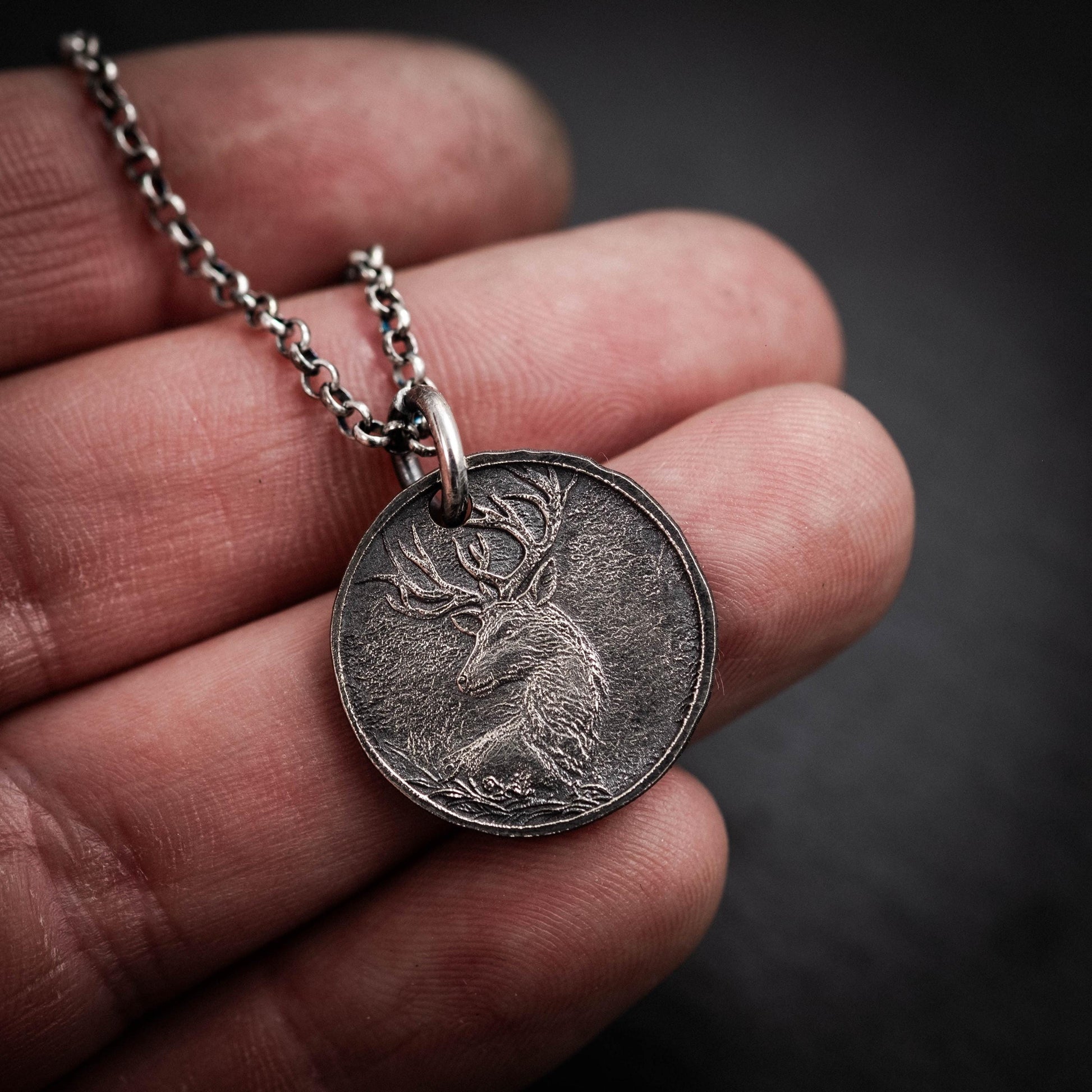 Silver Deer Personalized Men's Rustic Necklace, Nature Lovers Handmade Engraved Jewelry