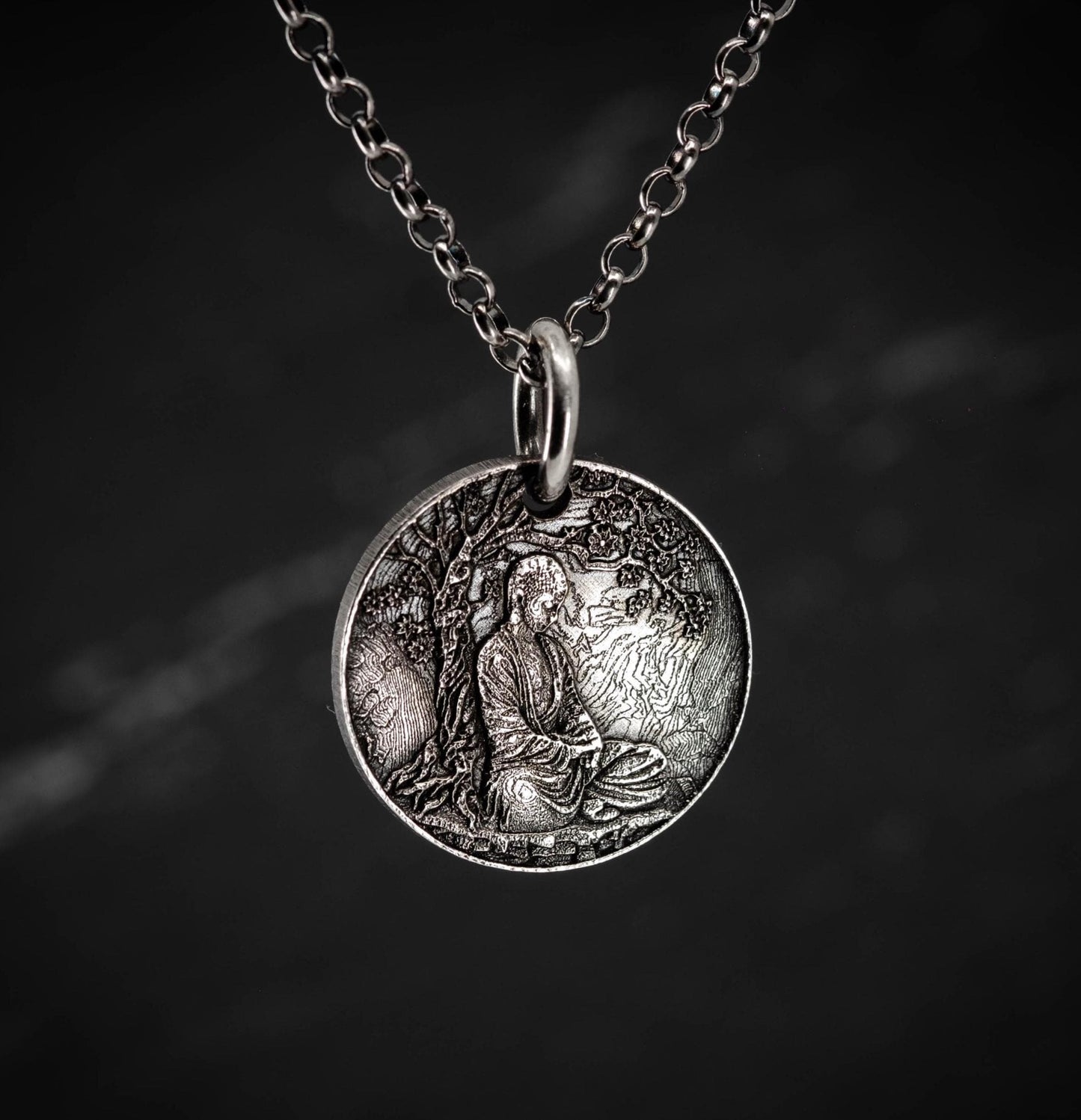 Buddha Meditation silver pendant necklace, Buddhist yoga handmade spiritual jewelry, Mindfulnes gift for him, mens necklace, Anxiety relief