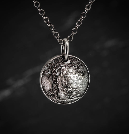 Buddha Meditation silver pendant necklace, Buddhist yoga handmade spiritual jewelry, Mindfulnes gift for him, mens necklace, Anxiety relief