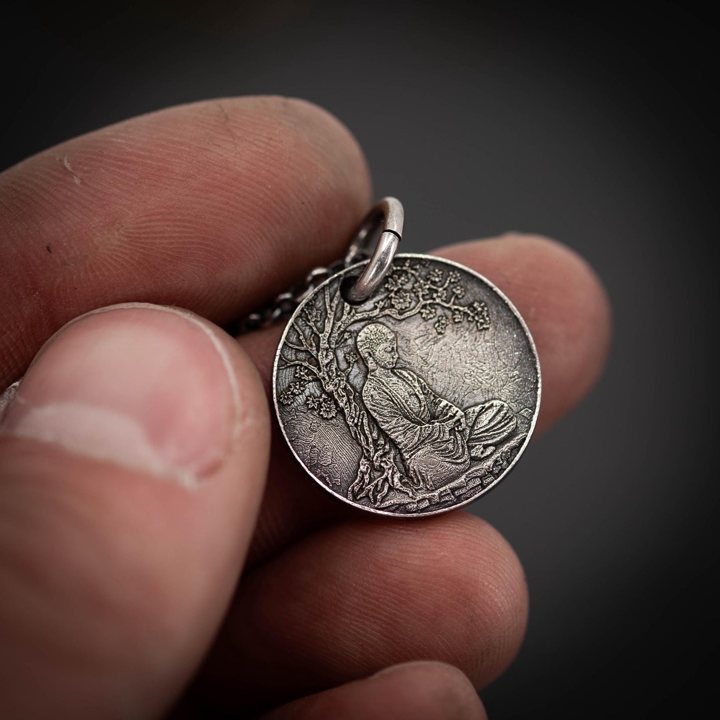 Buddha Meditation silver pendant necklace, Buddhist yoga handmade spiritual jewelry, Mindfulnes gift for him, mens necklace, Anxiety relief