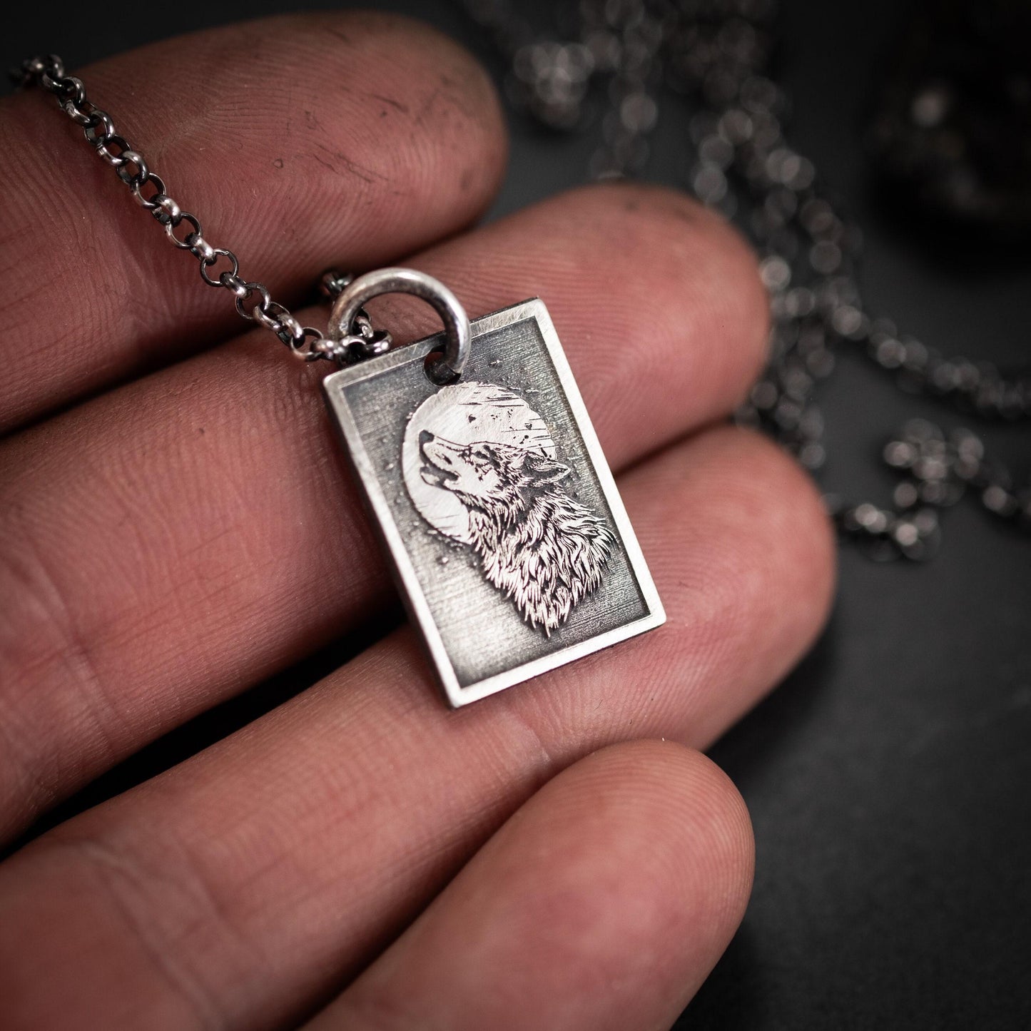 Wolf and moon Necklace, Wolf Silver Charm, Sterling Silver handmade jewelry,Wolf wilderness Pendant