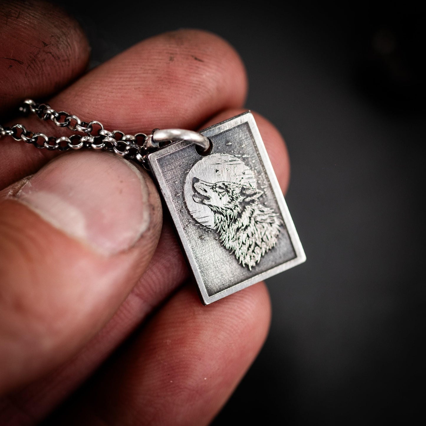 Wolf and moon Necklace, Wolf Silver Charm, Sterling Silver handmade jewelry,Wolf wilderness Pendant