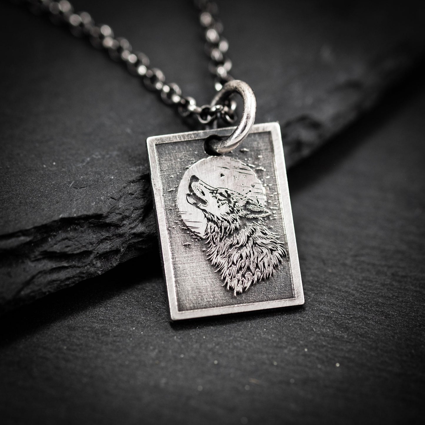Wolf and moon Necklace, Wolf Silver Charm, Sterling Silver handmade jewelry,Wolf wilderness Pendant