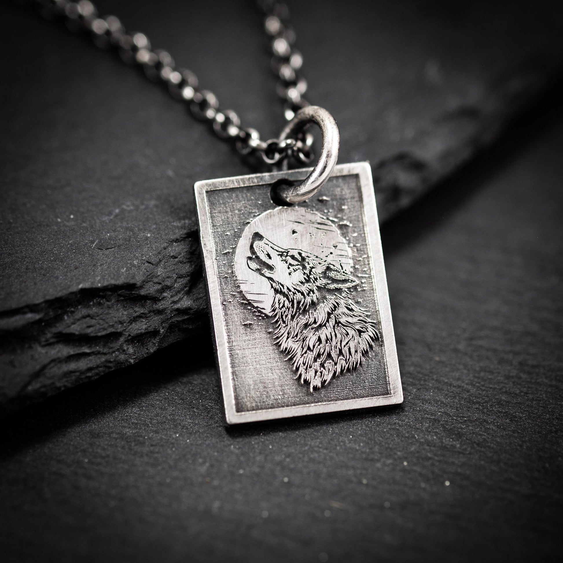 Wolf and moon Necklace, Wolf Silver Charm, Sterling Silver handmade jewelry,Wolf wilderness Pendant