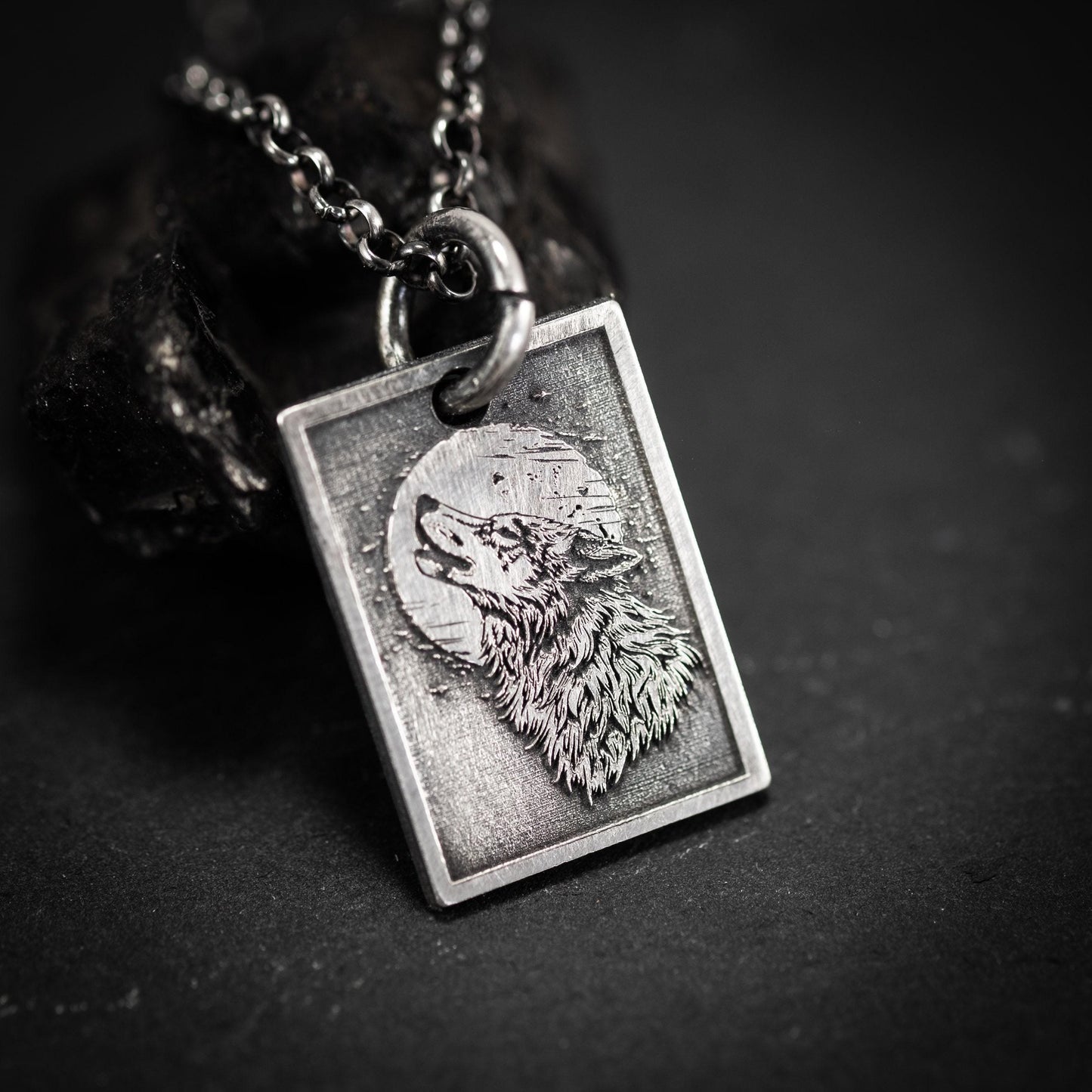 Wolf and moon Necklace, Wolf Silver Charm, Sterling Silver handmade jewelry,Wolf wilderness Pendant