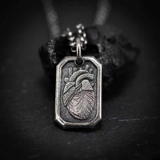 Silver Anatomical Human Heart Pendant Necklace, Rustic Oxidized Silver Jewelry, Unique Gift for men, Anatomy Lovers gift