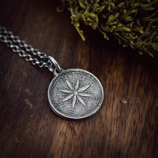 Mens Silver Compass necklace pendant, Rustic Travel jewelry for men, Nautical Adventure Gift