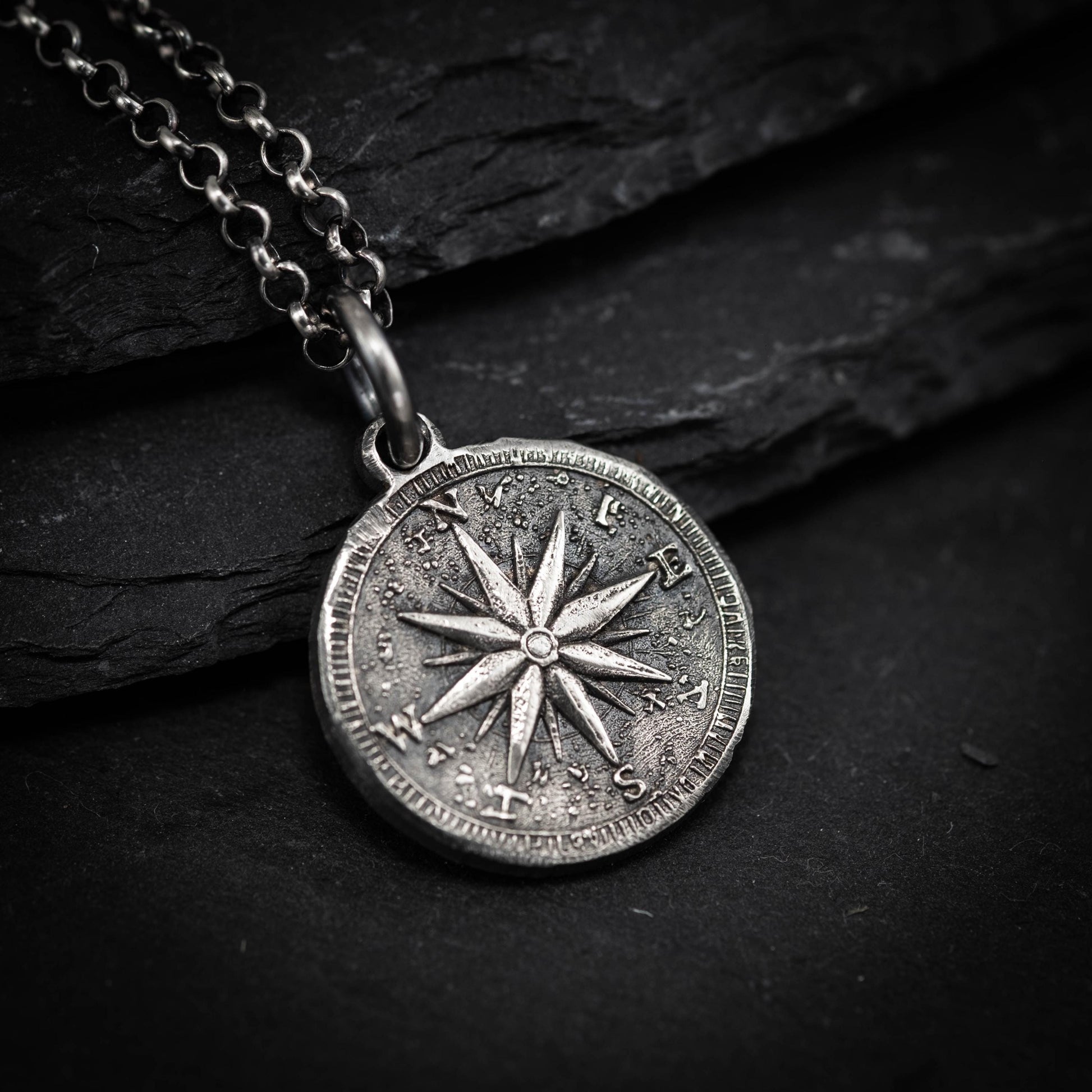 Mens Silver Compass necklace pendant, Rustic Travel jewelry for men, Nautical Adventure Gift