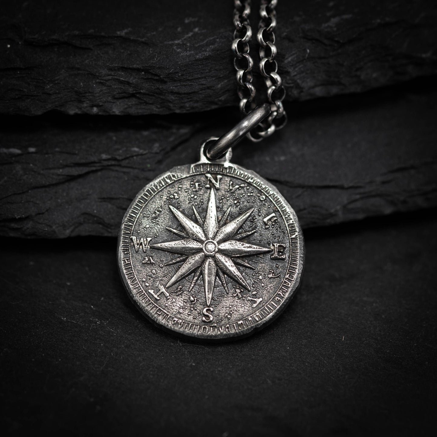 Mens Silver Compass necklace pendant, Rustic Travel jewelry for men, Nautical Adventure Gift