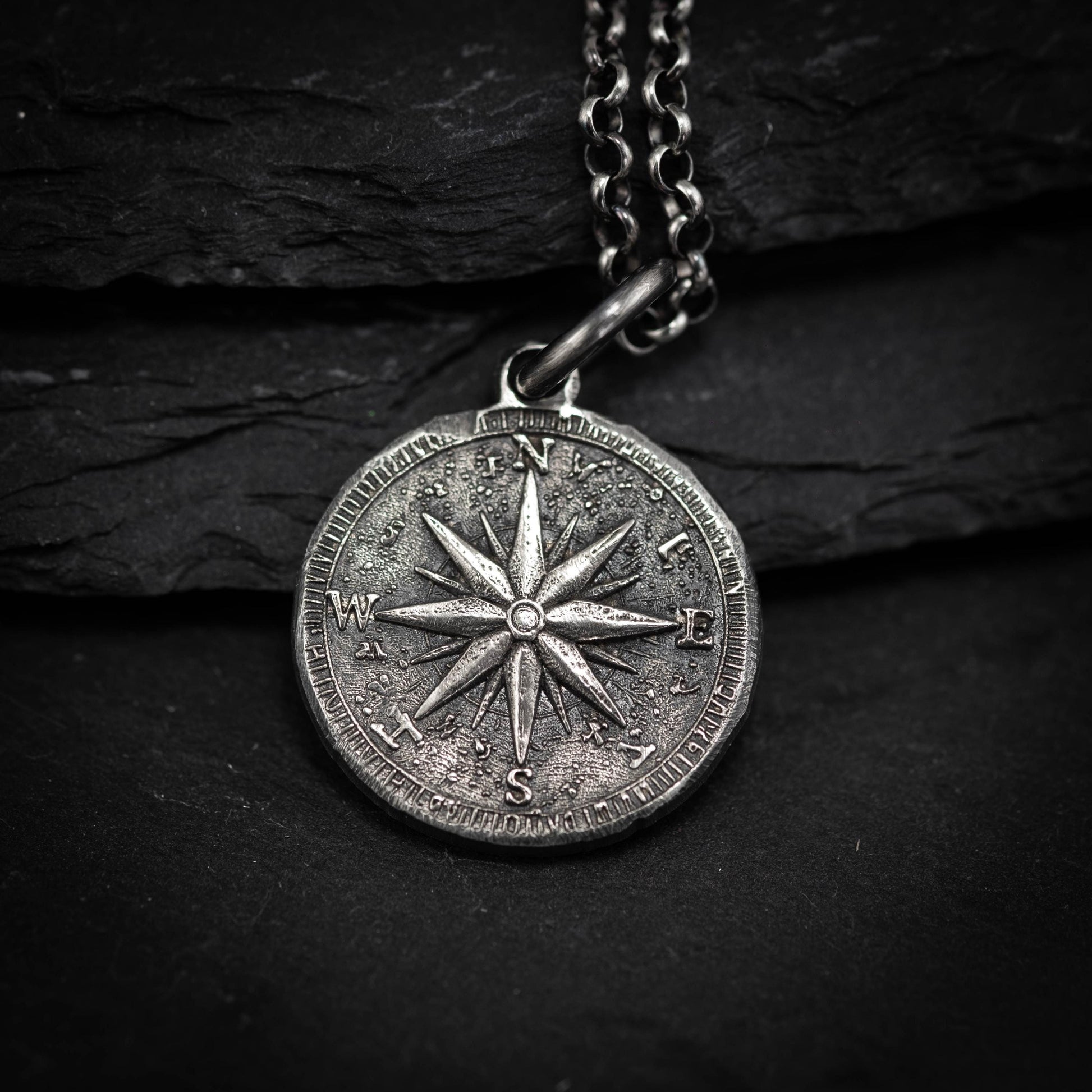 Mens Silver Compass necklace pendant, Rustic Travel jewelry for men, Nautical Adventure Gift