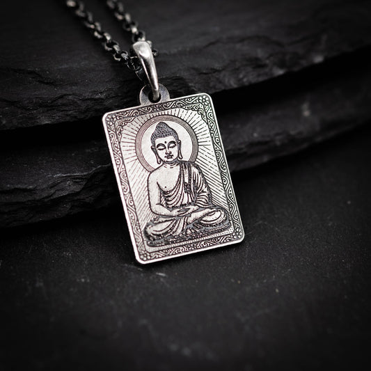 Buddha Meditation silver pendant necklace, Buddhist yoga handmade spiritual jewelry, Mindfulness gift for him, mens necklace, Anxiety relief