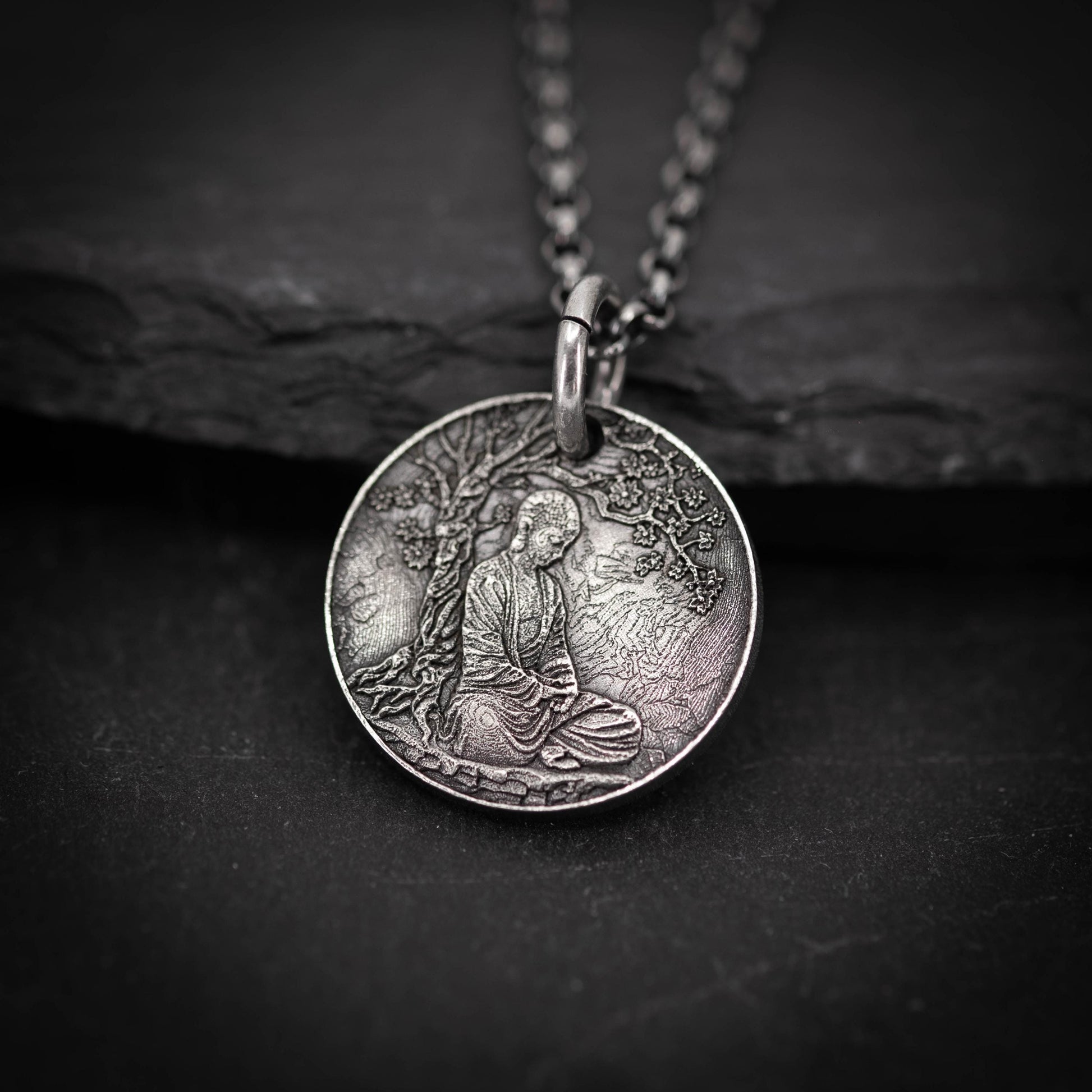 Buddha Meditation silver pendant necklace, Buddhist yoga handmade spiritual jewelry, Mindfulnes gift for him, mens necklace, Anxiety relief