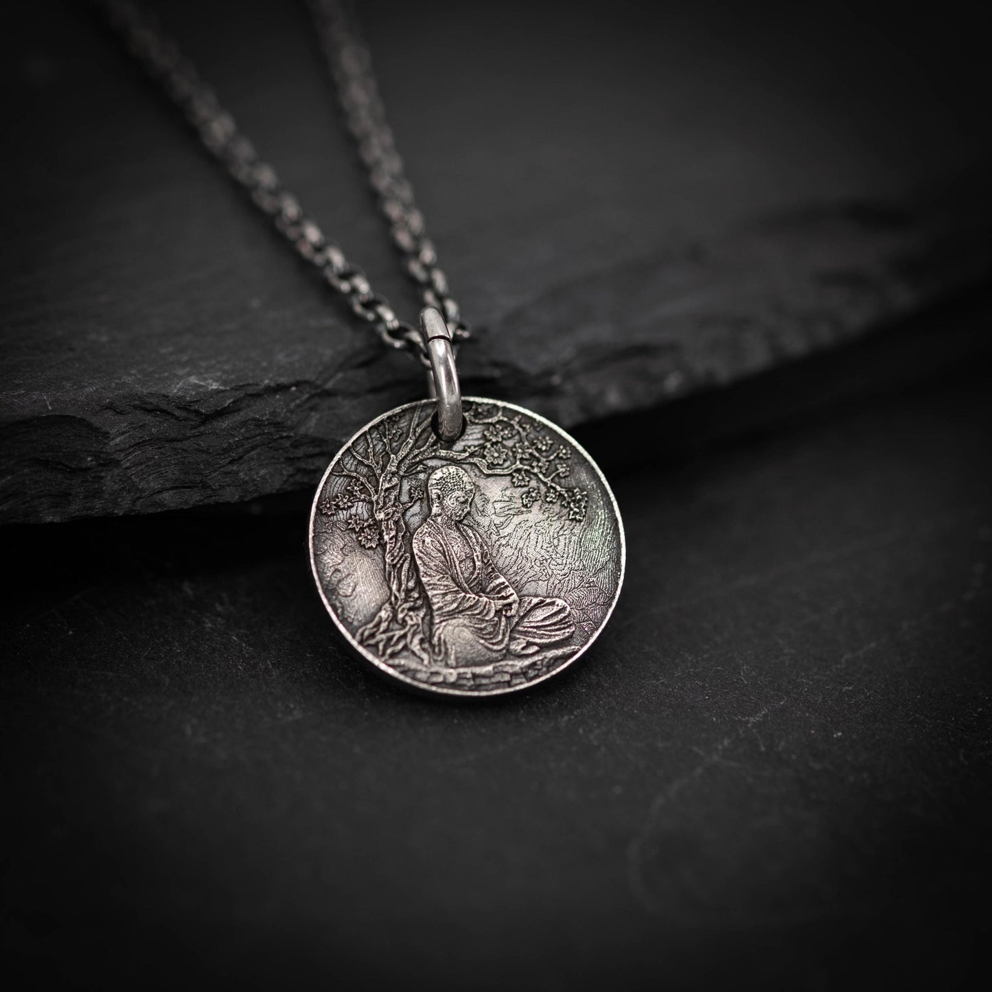 Buddha Meditation silver pendant necklace, Buddhist yoga handmade spiritual jewelry, Mindfulnes gift for him, mens necklace, Anxiety relief