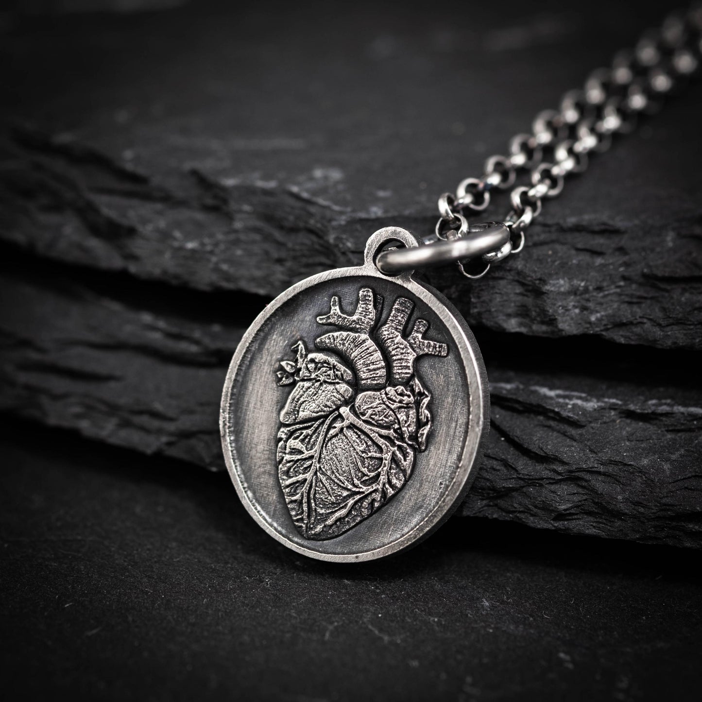 Silver Anatomical Human Heart Pendant Necklace, Rustic Oxidized Silver Jewelry, Unique Gift for Doctors, Nurses, and Anatomy Lovers