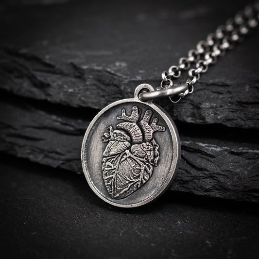 Silver Anatomical Human Heart Pendant Necklace, Rustic Oxidized Silver Jewelry, Unique Gift for Doctors, Nurses, and Anatomy Lovers