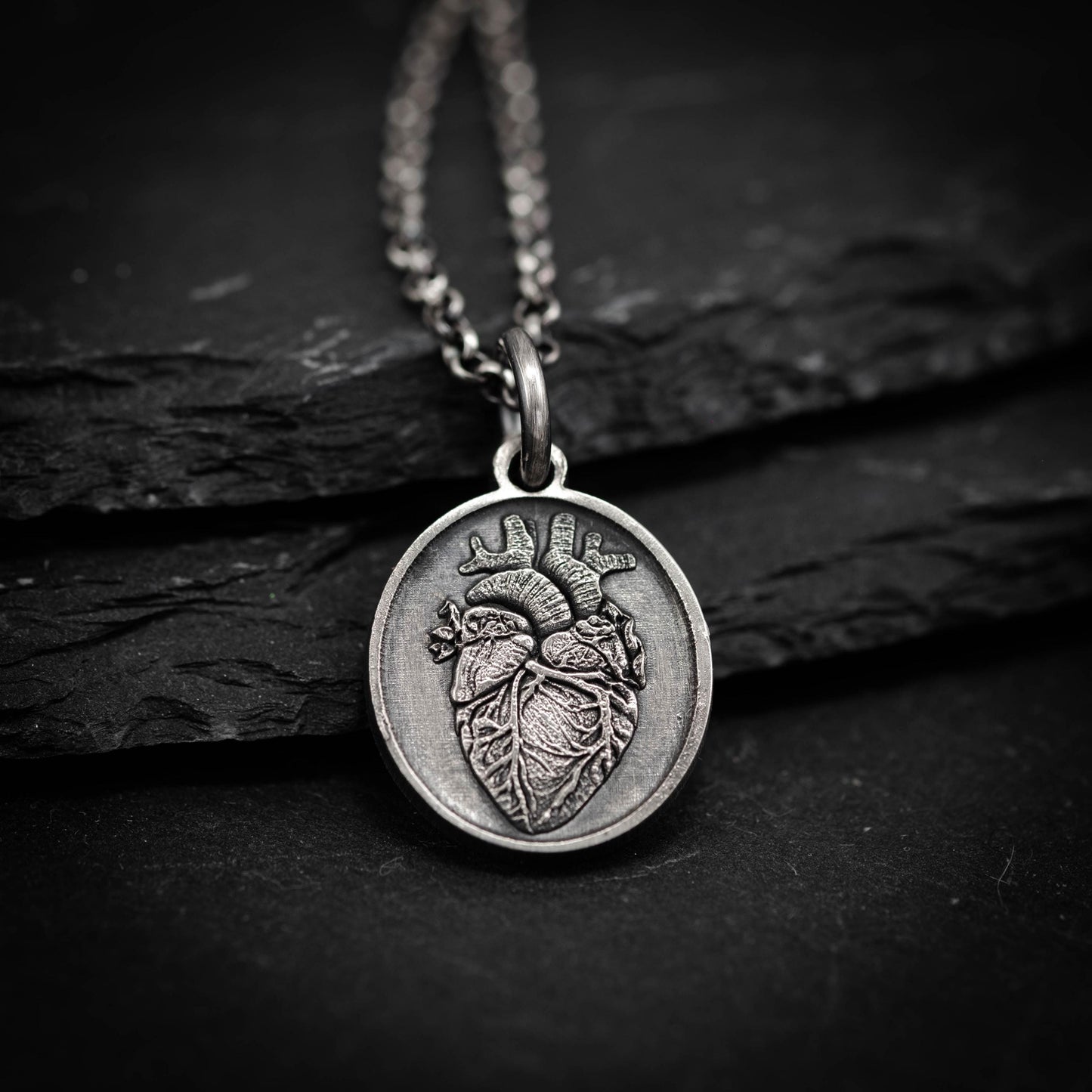 Silver Anatomical Human Heart Pendant Necklace, Rustic Oxidized Silver Jewelry, Unique Gift for Doctors, Nurses, and Anatomy Lovers