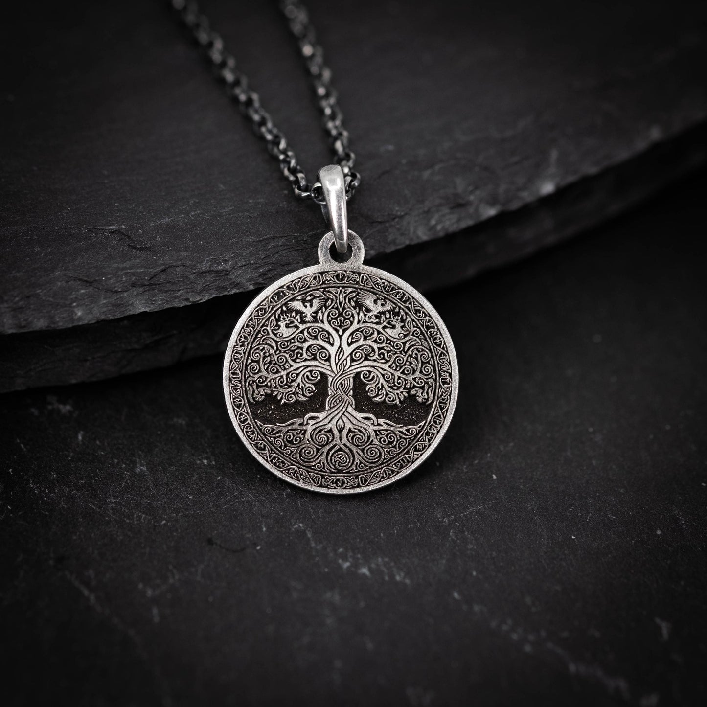 Viking Silver Tree of Life pendant necklace, Unique mens jewelry, Personalized rustic coin necklace, men gift