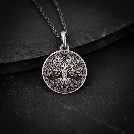 Viking Silver Tree of Life pendant necklace, Unique mens jewelry, Personalized rustic coin necklace, men gift