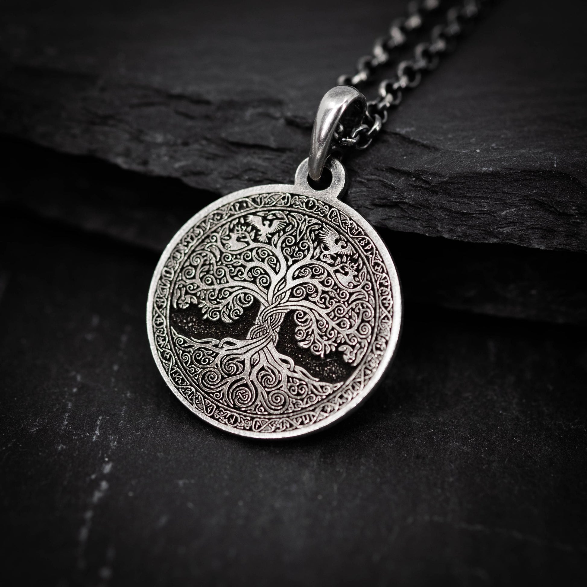 Viking Silver Tree of Life pendant necklace, Unique mens jewelry, Personalized rustic coin necklace, men gift