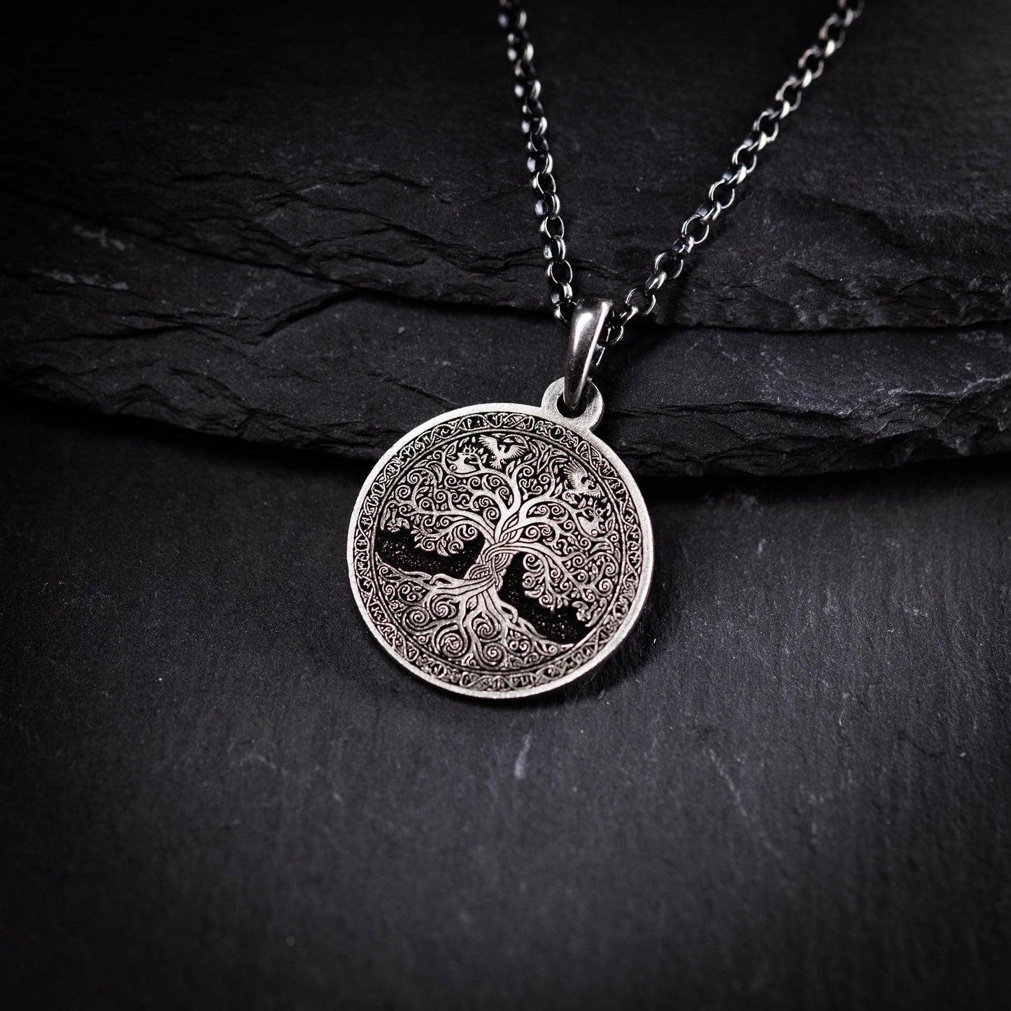 Viking Silver Tree of Life pendant necklace, Unique mens jewelry, Personalized rustic coin necklace, men gift