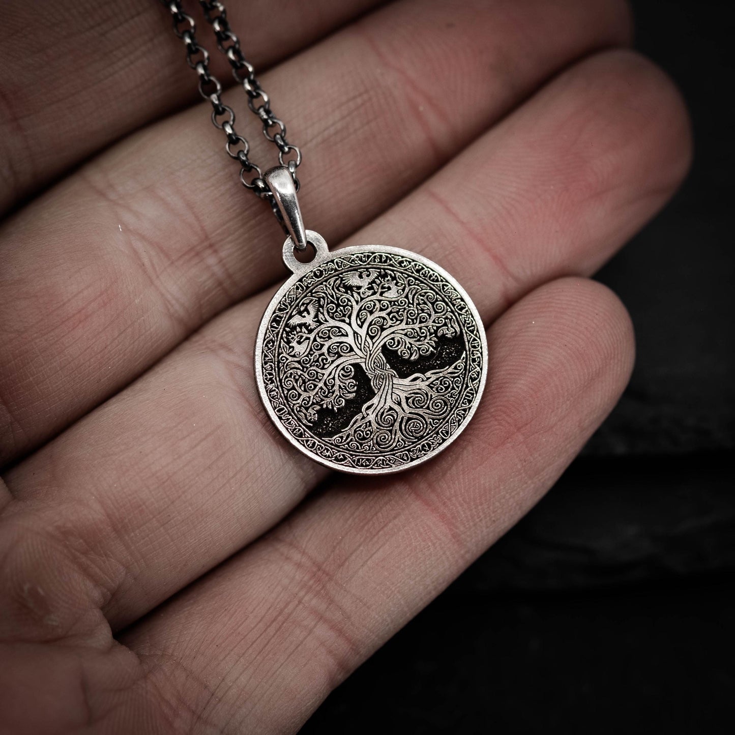 Viking Silver Tree of Life pendant necklace, Unique mens jewelry, Personalized rustic coin necklace, men gift