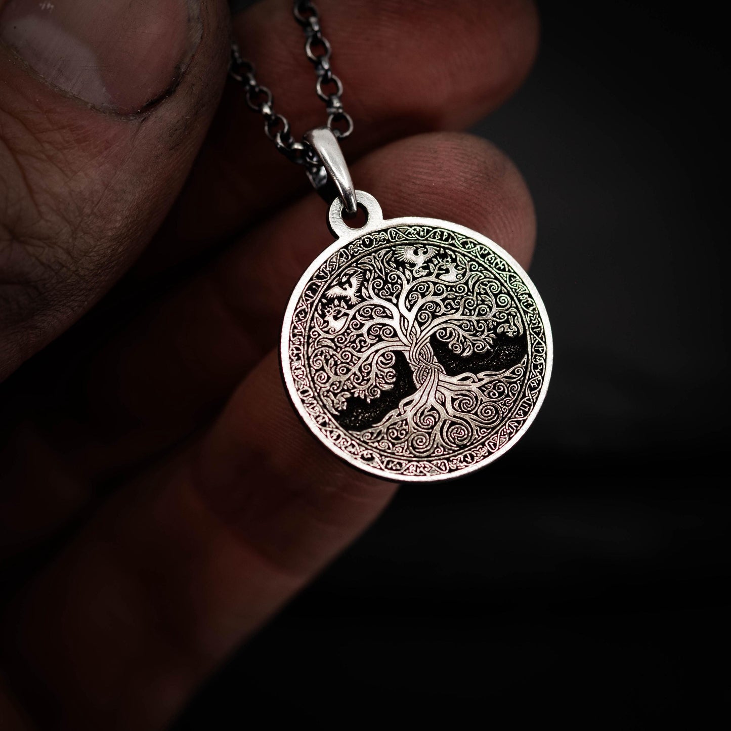 Viking Silver Tree of Life pendant necklace, Unique mens jewelry, Personalized rustic coin necklace, men gift