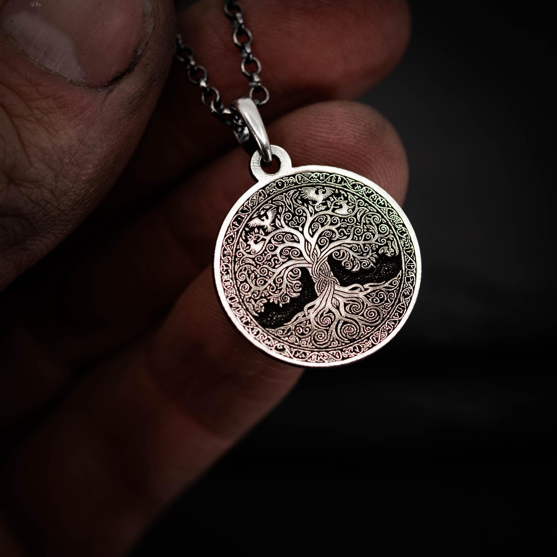 Viking Silver Tree of Life pendant necklace, Unique mens jewelry, Personalized rustic coin necklace, men gift