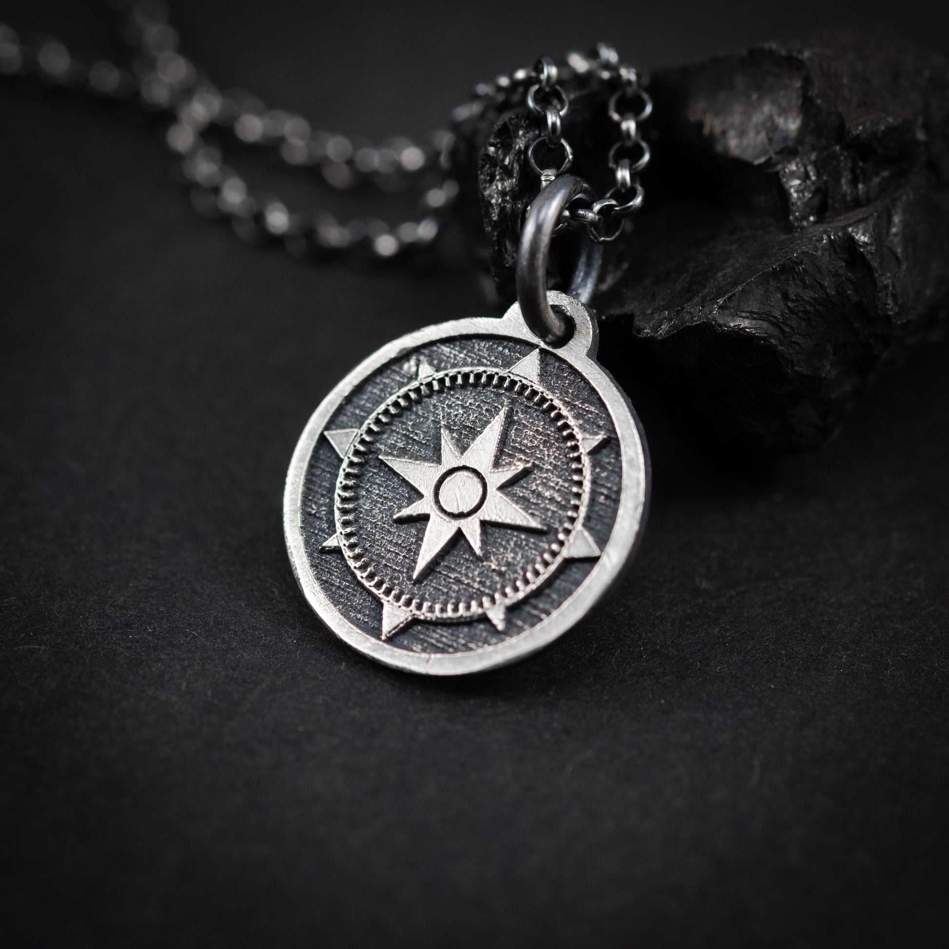 Compass Silver men's pendant necklace, Engraved Personalized Silver handmade jewelry, Unique ravel gift, anniversary gift