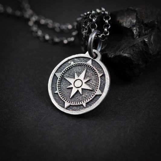 Compass Silver men's pendant necklace, Engraved Personalized Silver handmade jewelry, Unique ravel gift, anniversary gift