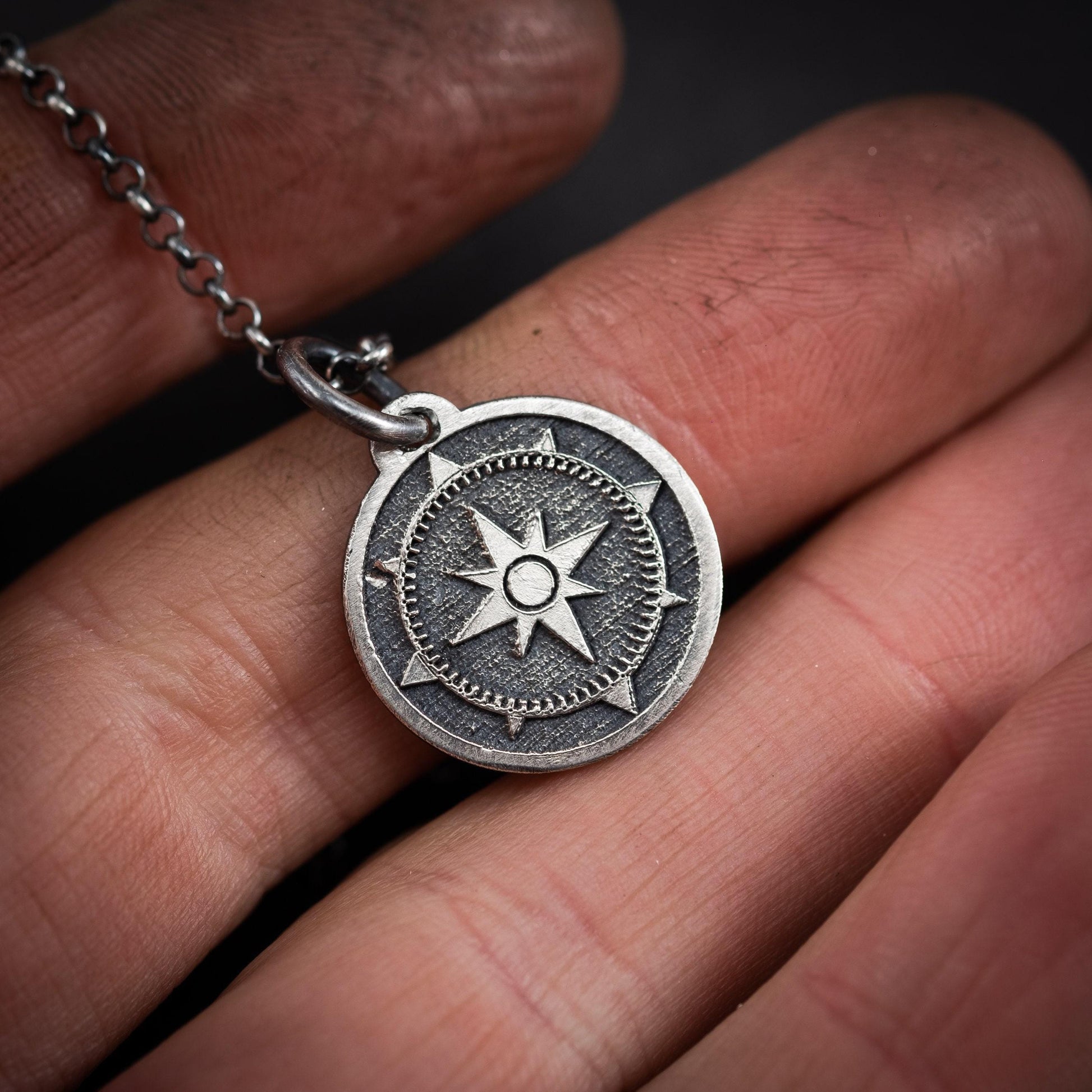 Compass Silver men's pendant necklace, Engraved Personalized Silver handmade jewelry, Unique ravel gift, anniversary gift