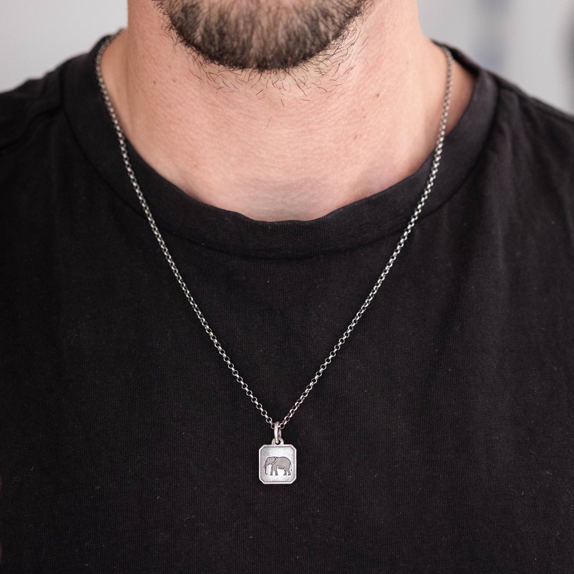 Silver Elephant Pendant Necklace – Handmade Men’s Engraved Wildlife Pendant, Wisdom & Protection Totem Jewelry, Nature Gift for Him