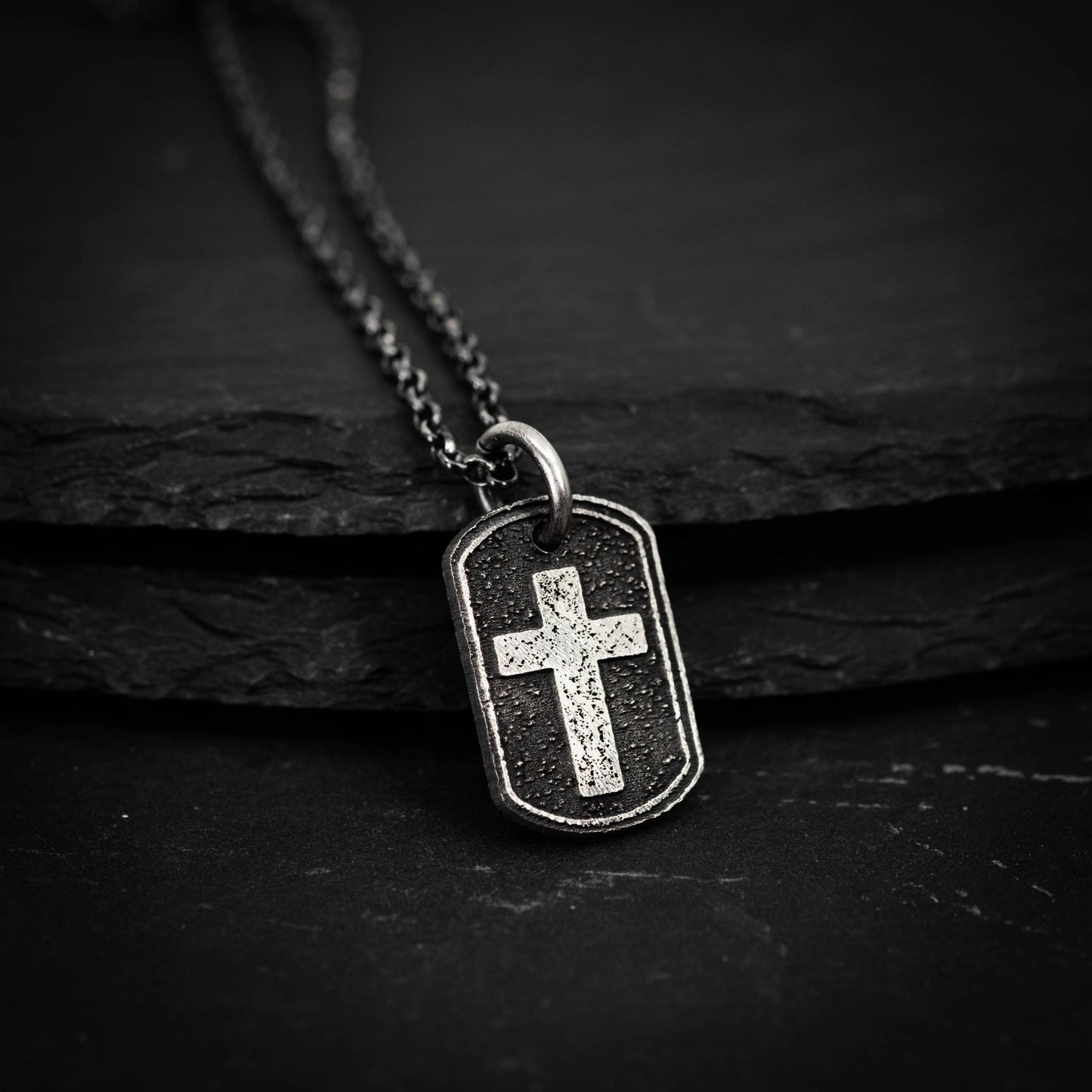 Sterling Silver Cross Dog Tag Necklace – Rustic Oxidized Christian Pendant for Men, Christmas gifts