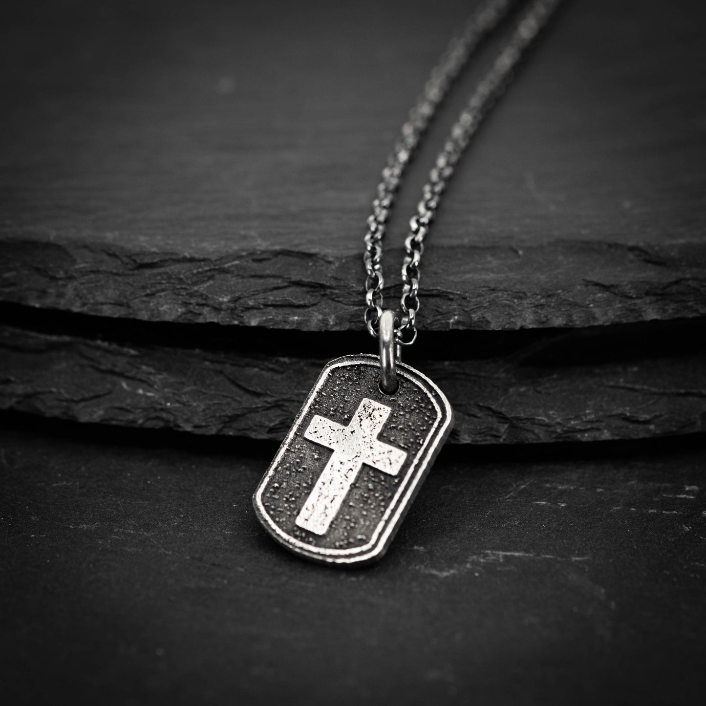 Sterling Silver Cross Dog Tag Necklace – Rustic Oxidized Christian Pendant for Men, Christmas gifts