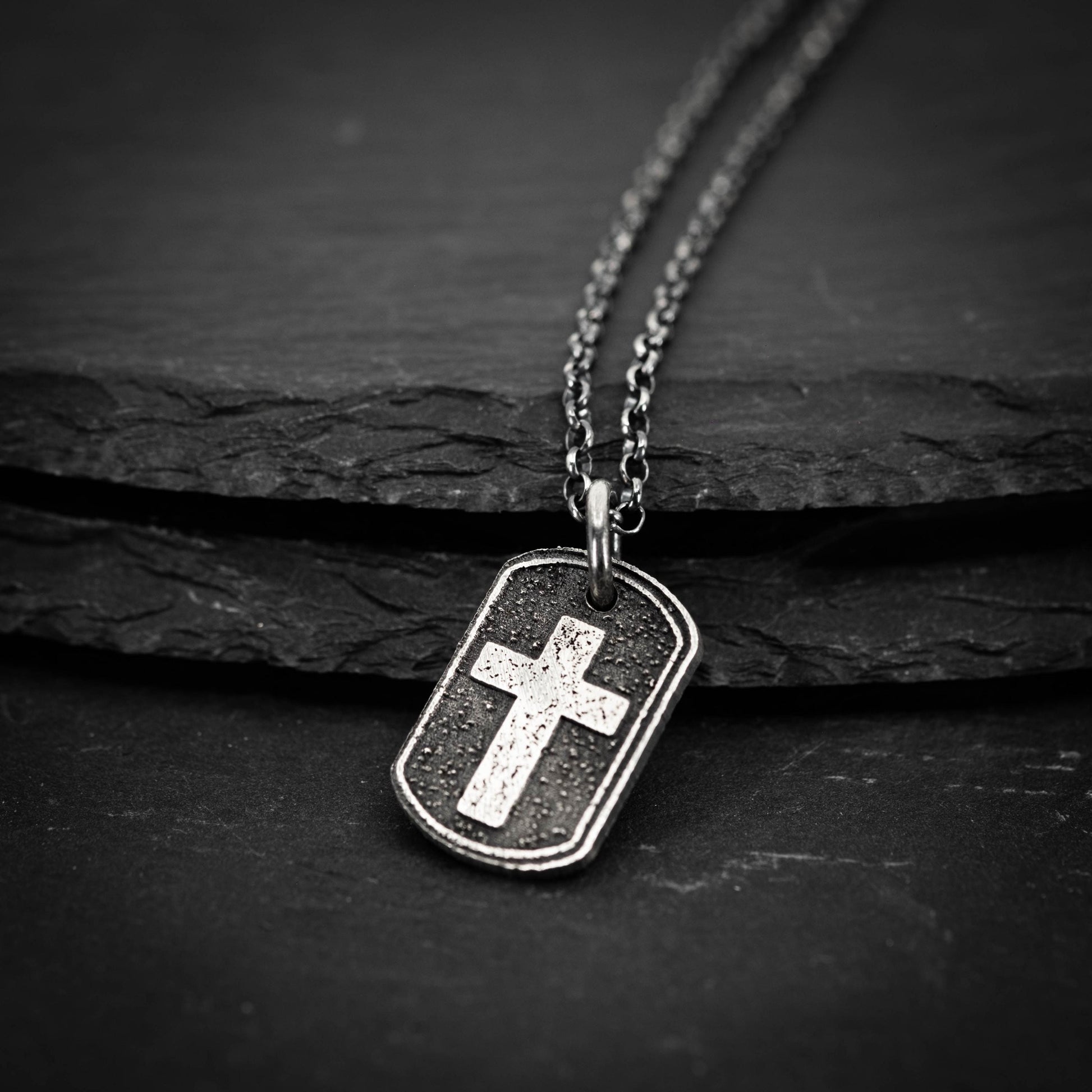 Sterling Silver Cross Dog Tag Necklace – Rustic Oxidized Christian Pendant for Men, Christmas gifts