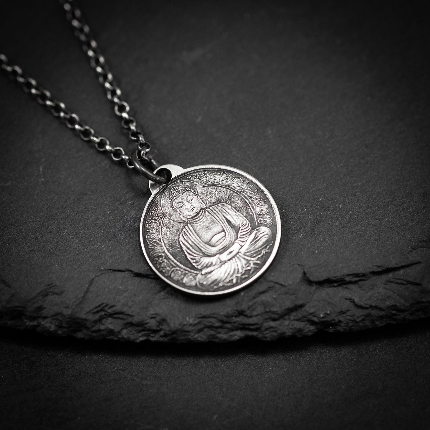 Silver Buddha coin pendant necklace, Buddhist yoga handmade spiritual jewelry, Mindfulness gift for him, mens necklace, Anxiety relief
