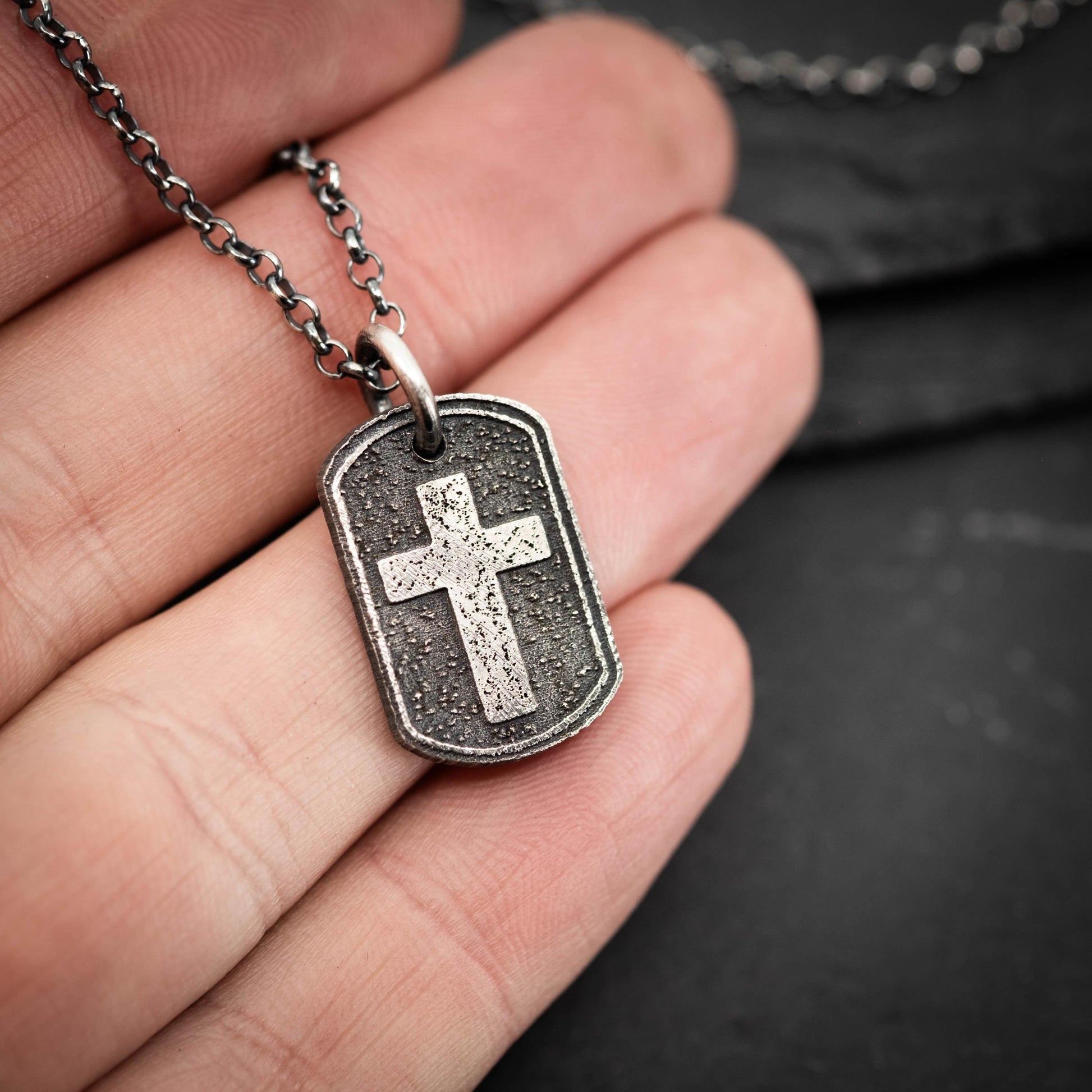 Sterling Silver Cross Dog Tag Necklace – Rustic Oxidized Christian Pendant for Men, Christmas gifts