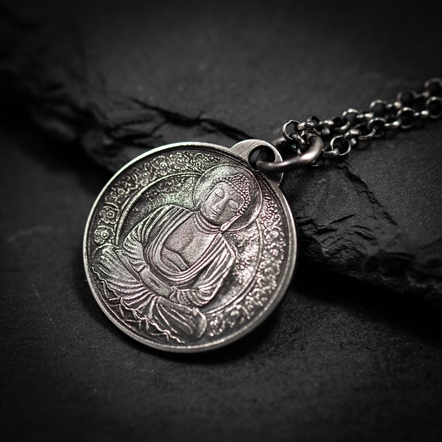 Silver Buddha coin pendant necklace, Buddhist yoga handmade spiritual jewelry, Mindfulness gift for him, mens necklace, Anxiety relief