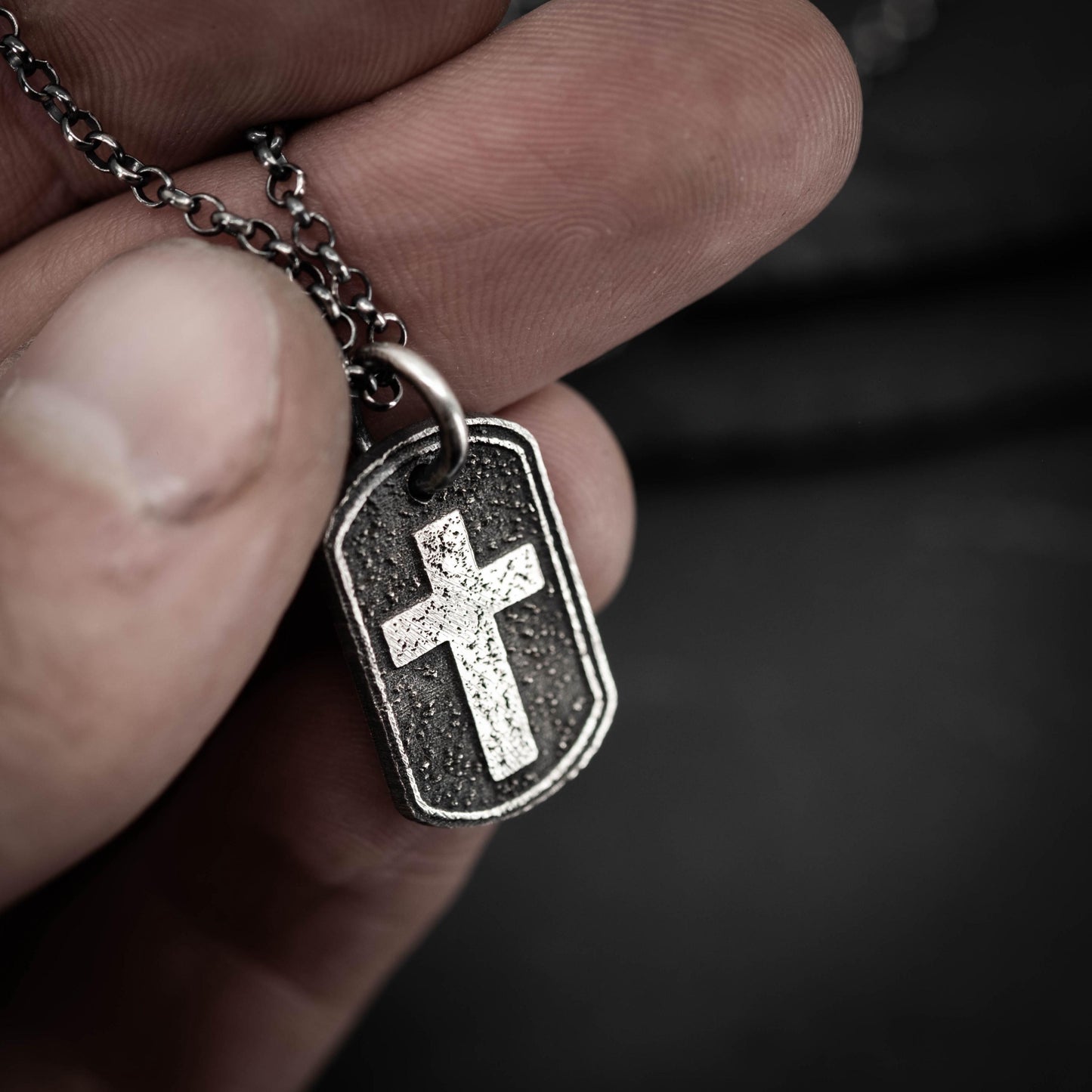 Sterling Silver Cross Dog Tag Necklace – Rustic Oxidized Christian Pendant for Men, Christmas gifts